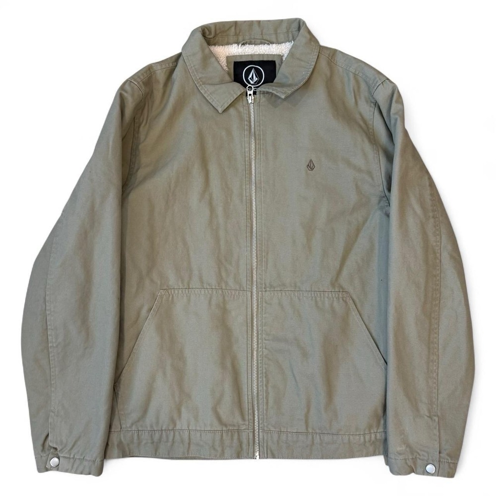 Volcom Sherpa Lined Tan Canvas Workwear Jacket Men's Size Medium Boxy Detroit